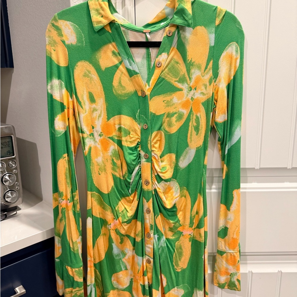 Free People Green and Yellow Floral Long Sleeve Dress